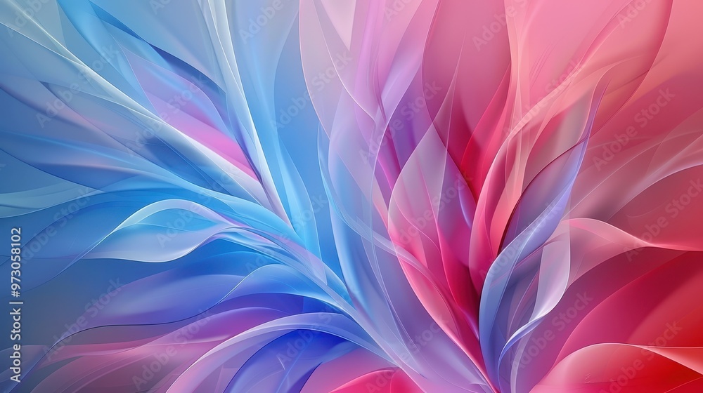 Abstract composition of flowing, translucent shapes in shades of blue and pink, resembling organic forms like petals or feathers Abstract composition of flowing, translucent shapes in shades of blue and pink, resembling organic forms like petals or feathers
