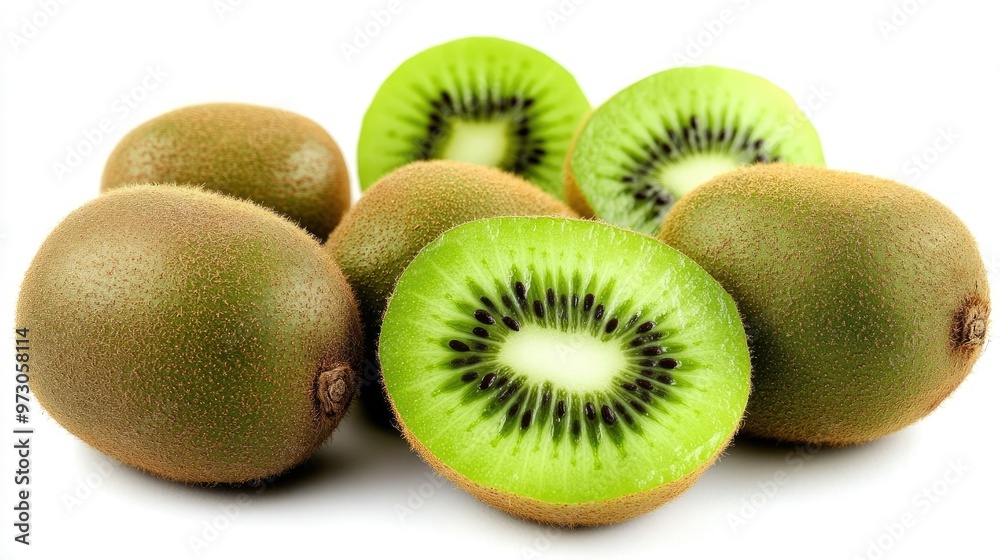 Fototapeta premium A group of fresh kiwis, some whole and some sliced in half, showing the bright green interior and black seeds.