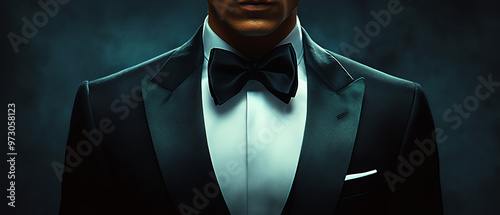 Capture a striking long shot of a sleek tuxedo, showcasing refined details and sharp lines in a photorealistic digital illustration photo