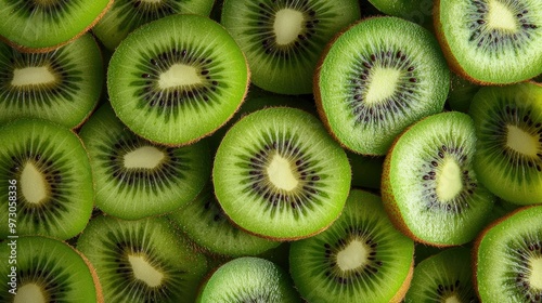 A group of fresh kiwis, some whole and some sliced in half, showing the bright green interior and black seeds. photo