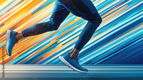 Close-up legs of a runner run on abstract background