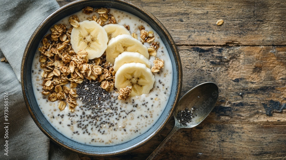 A healthy smoothie bowl topped with granola, banana slices, and chia seeds, presented on a wooden table. A healthy smoothie bowl topped with granola, banana slices, and chia seeds, presented on a wooden table.