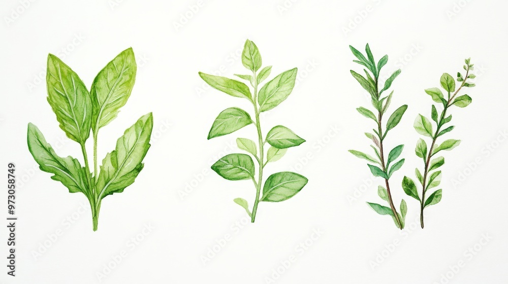 A collection of fresh green leaves, showcasing diverse shapes and textures for culinary or herbal themes. A collection of fresh green leaves, showcasing diverse shapes and textures for culinary or herbal themes.