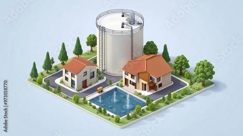 Isometric illustration of a water tower distributing drinking water to villas The water tank is constructed at a height to pressurize the potable water distribution system