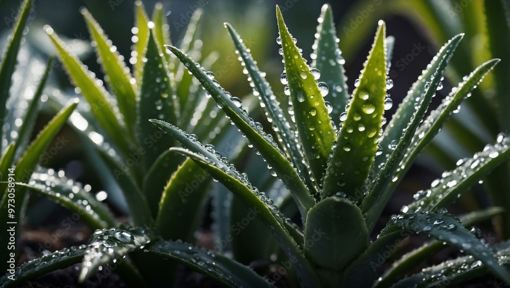 Close-up of dewy aloe leaves with water droplets. Close-up of dewy aloe leaves with water droplets.