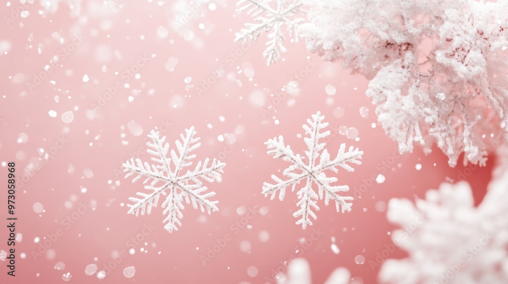 White snowflakes softly landing on a soft pink background, creating a whimsical winter aesthetic White snowflakes softly landing on a soft pink background, creating a whimsical winter aesthetic