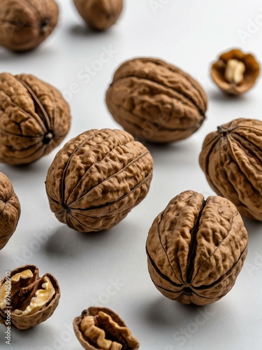 Close-up of whole walnuts in shells on a white background.