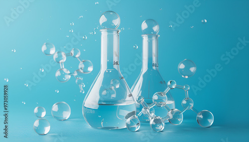 Laboratory glassware and molecule model on blue background