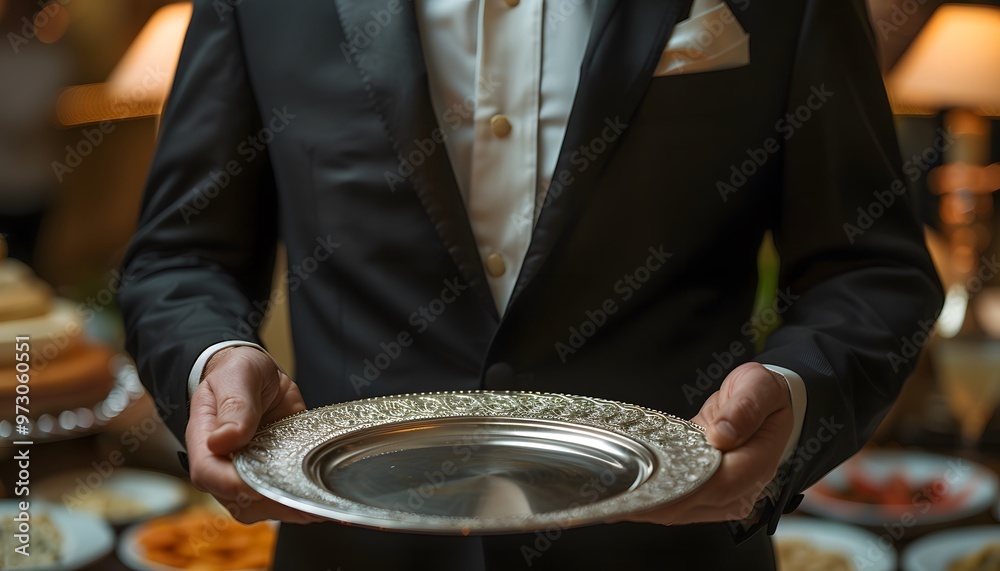 Waiter serving tray in elegant concept at luxury restaurant. Waiter serving tray in elegant concept at luxury restaurant.
