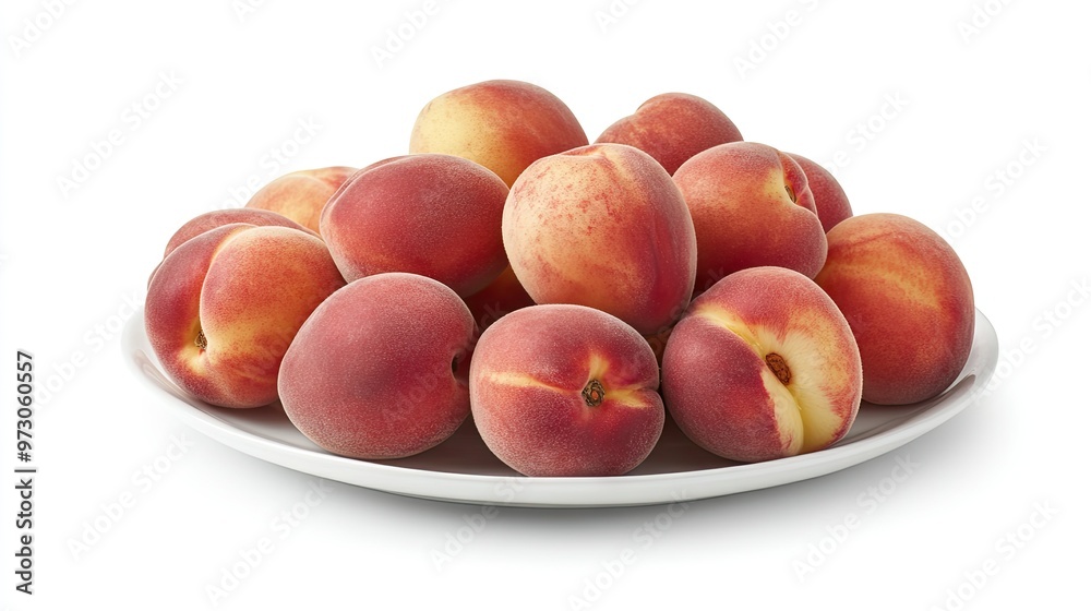 A pile of fresh peaches with their soft, velvety skin, arranged on a white plate. A pile of fresh peaches with their soft, velvety skin, arranged on a white plate.