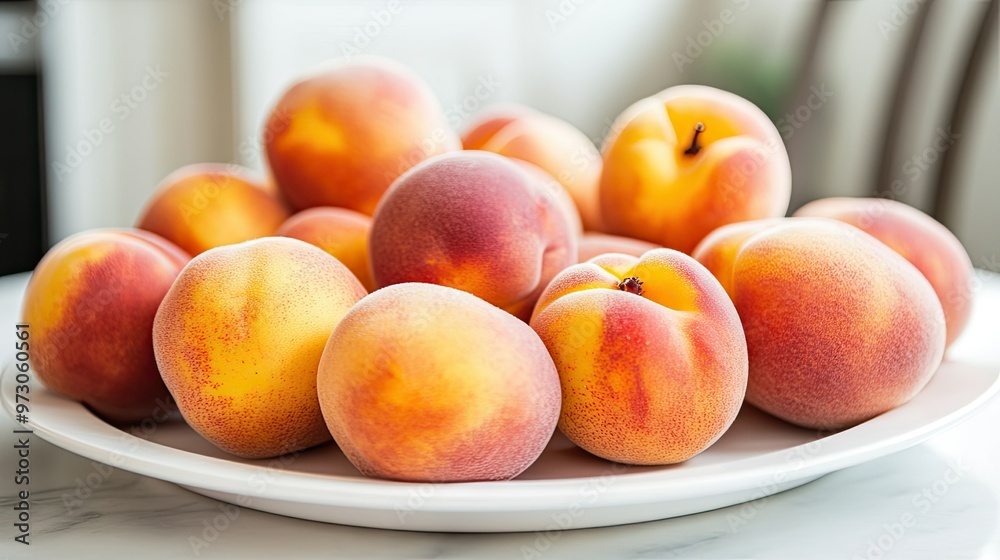 A pile of fresh peaches with their soft, velvety skin, arranged on a white plate. A pile of fresh peaches with their soft, velvety skin, arranged on a white plate.