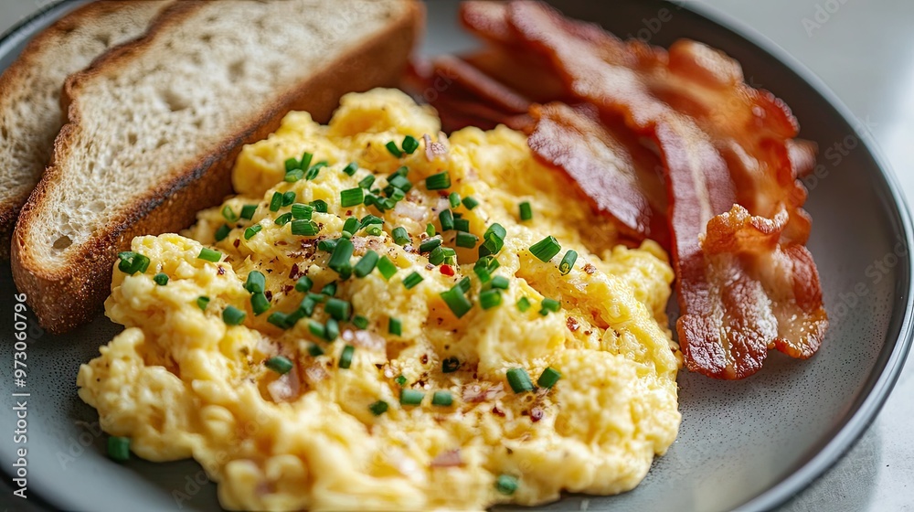 A plate of fluffy scrambled eggs garnished with chives, served with toast and a side of bacon. A plate of fluffy scrambled eggs garnished with chives, served with toast and a side of bacon.