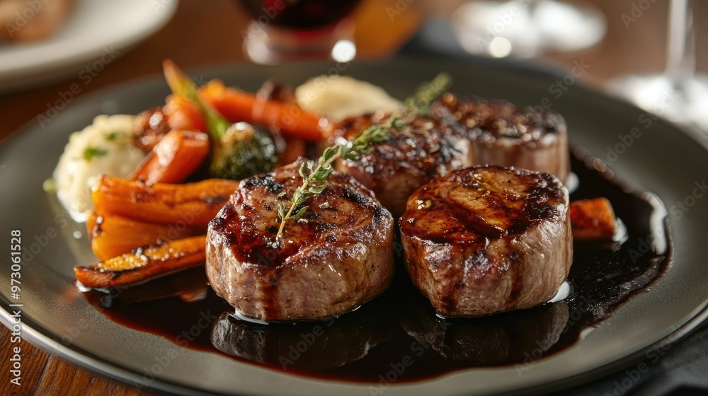 A plate of tender pork tenderloin medallions served with roasted vegetables and a red wine reduction.