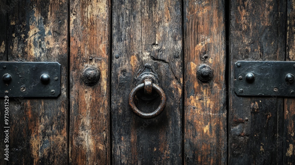 A beautifully aged wooden door with original iron hardware, exuding a sense of history and elegance through its weathered surface and detailed craftsmanship A beautifully aged wooden door with original iron hardware, exuding a sense of history and elegance through its weathered surface and detailed craftsmanship