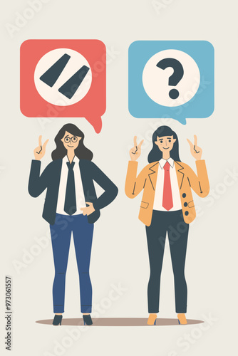 Businesspeople holding speech bubbles with yes and no, highlighting communication problems and deadlock in negotiations.