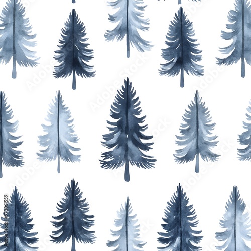 Watercolor Blue Christmas Trees Seamless Pattern