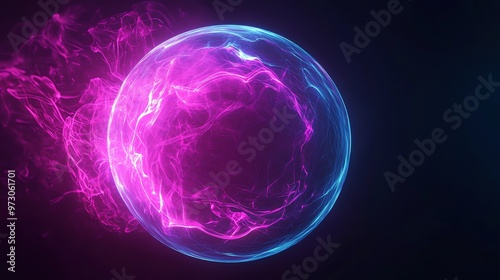 A glowing orb with pink and blue energy swirling inside on a dark background.