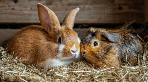 Cute Bunny and Guinea Pig Snuggling in Hay Bed with Barn Wall Background