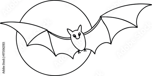 Kids Coloring Book with Bat Flying Under the Moon Vector Illustration
