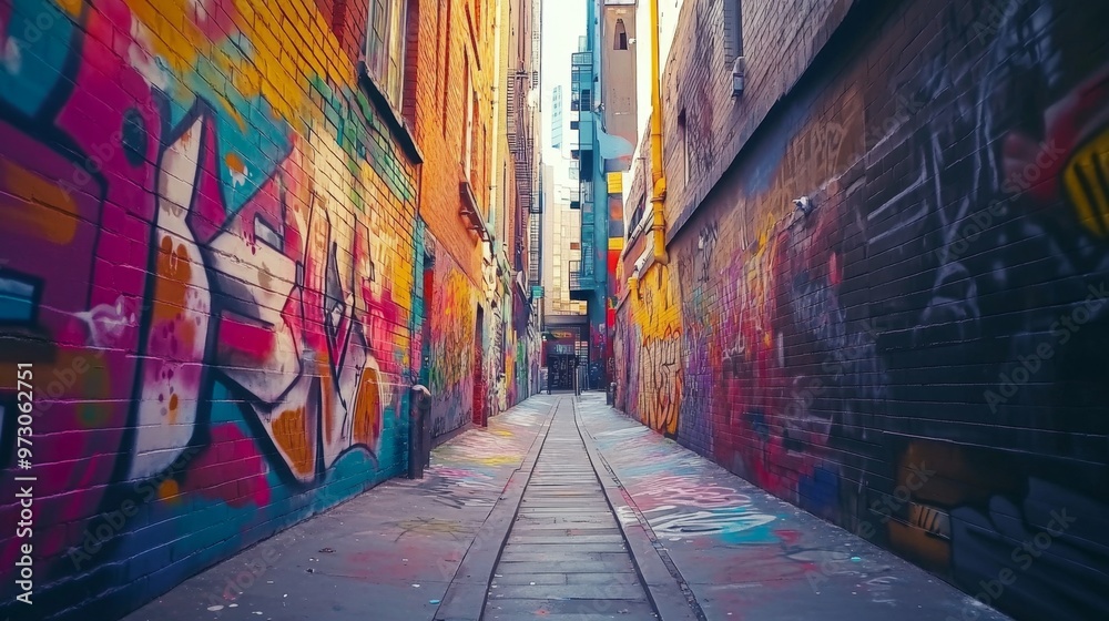 Fototapeta premium Animation of a vibrant urban alleyway featuring a graffiti masterpiece, capturing dynamic street art with vivid colors and intricate details