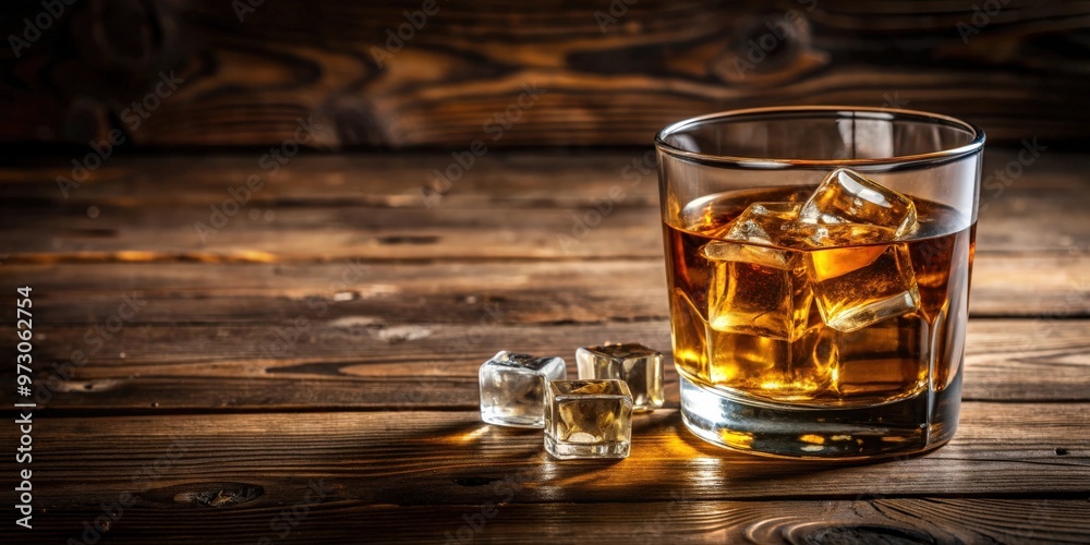 A glass of whiskey with ice cubes on a wooden surface A glass of whiskey with ice cubes on a wooden surface