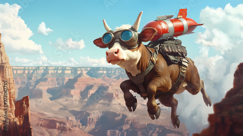 A daredevil cow with rocket strapped to its back, attempting a jump jumping across grand canyon, aviator goggles, exaggerated alarmed look on its face, comedic fantasy. Grand Canyon. Illustration photo