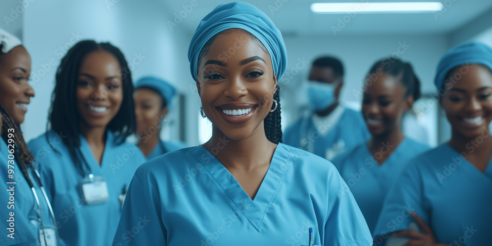A cheerful nurse in blue scrubs standing confidently with her medical team in the background, symbolizing healthcare, teamwork, and professionalism.
A cheerful nurse in blue scrubs standing confidently with her medical team in the background, symbolizing healthcare, teamwork, and professionalism.