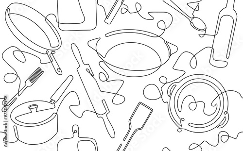 Culinary seamless pattern drawn on a white background. Kitchen utensils in continuous line drawing style.  Minimalist food poster. Vector illustration.