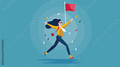 Businesswoman Celebrates Completion of Tasks with Finish Flag, Showcasing Time Management and Organizational Skills