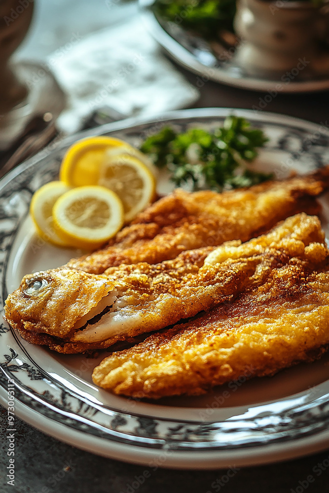 tasty fried fish on a plate with some green Coriander and lemon generated by AI tasty fried fish on a plate with some green Coriander and lemon generated by AI