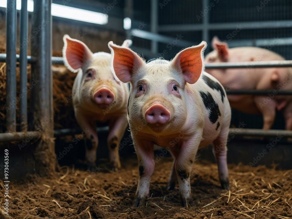 Curious pigs with a mother pig in an indoor farm. Curious pigs with a mother pig in an indoor farm.