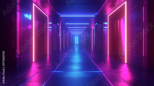 A futuristic hallway with glowing pink and blue neon lights.