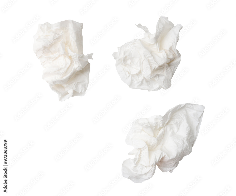 Top view set of screwed or crumpled white tissue paper balls after use isolated on white background Top view set of screwed or crumpled white tissue paper balls after use isolated on white background