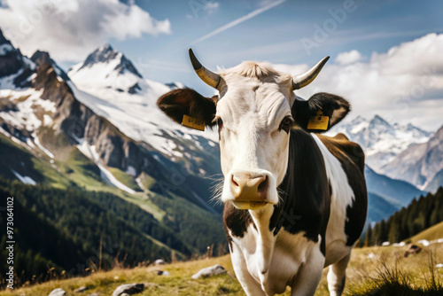 A Close-Up of a Cow with Mountain Background