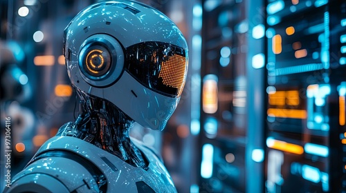 A Futuristic Robot with a Glowing Visor in a Data Center photo