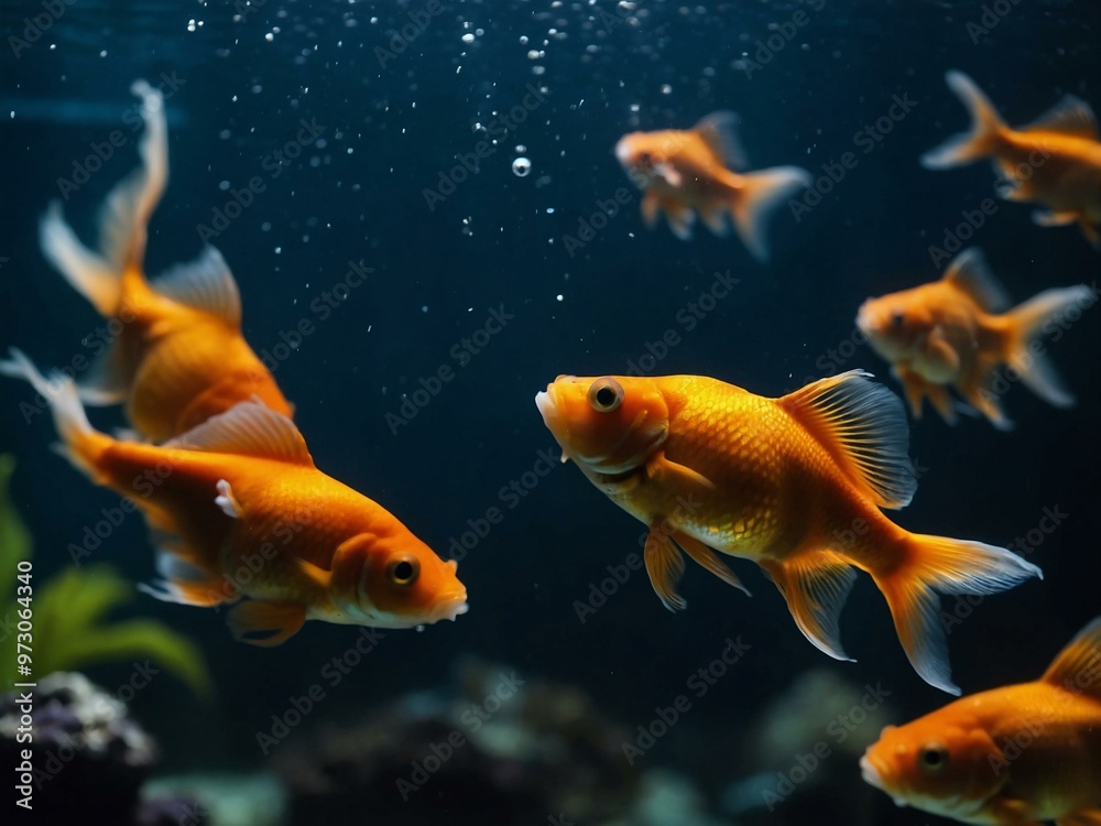 Detailed shot of goldfish swimming in an aquarium with a dark water background.