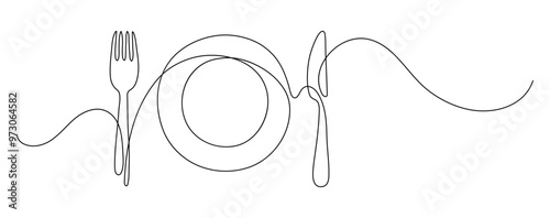 Plate with fork and knife. Continuous line drawing. Food frame border doodle.  