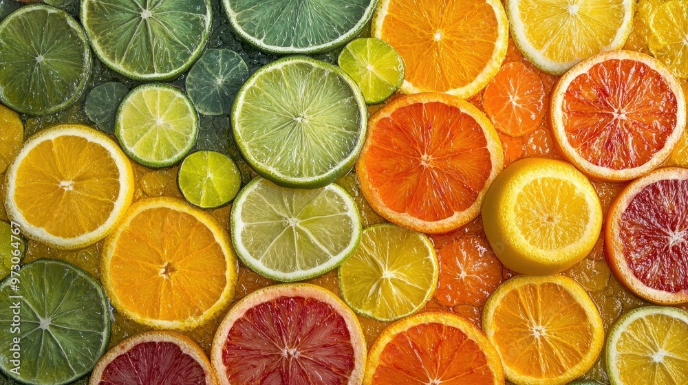 Fototapeta premium A vibrant assortment of sliced citrus fruits, including oranges, lemons, and limes, arranged in a circular pattern