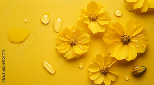 Beautiful elegant yellow color flowers and waterdrops on yellow color background, dark theme, wallpaper design, minimalist design