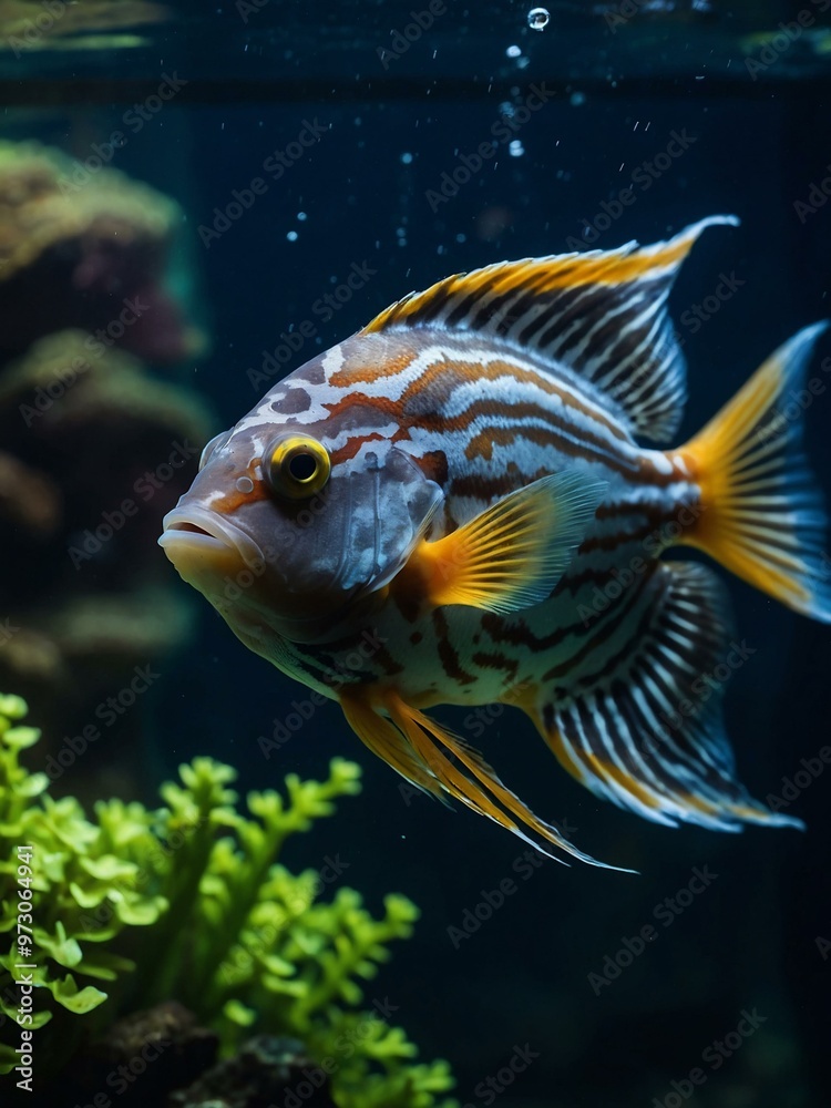 Detailed view of exotic fish swimming in an aquarium with dark water. Detailed view of exotic fish swimming in an aquarium with dark water.