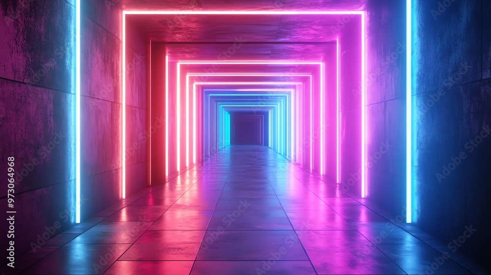 A long, narrow corridor with glowing neon lights in pink and blue. A long, narrow corridor with glowing neon lights in pink and blue.