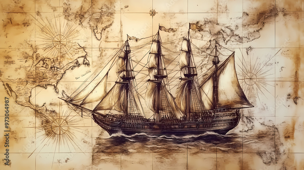 Fototapeta premium A drawn old pirate map depicting a sailing ship sailing on the sea. generative ai. Pirate Ship. Illustration