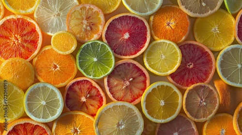 A vibrant assortment of sliced citrus fruits, including oranges, lemons, and limes, arranged in a circular pattern.