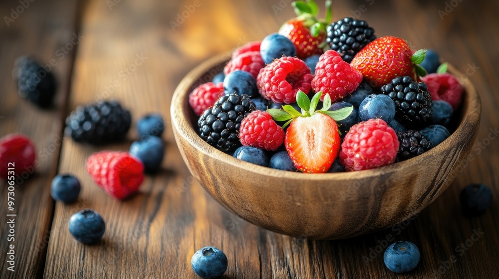 A vibrant bowl of mixed berries including strawberries, blueberries, raspberries, and blackberries, placed on a rustic wooden table. A vibrant bowl of mixed berries including strawberries, blueberries, raspberries, and blackberries, placed on a rustic wooden table.