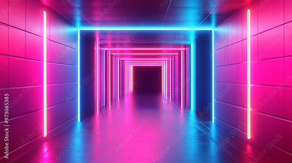 A futuristic hallway with glowing pink and blue neon lights. A futuristic hallway with glowing pink and blue neon lights.