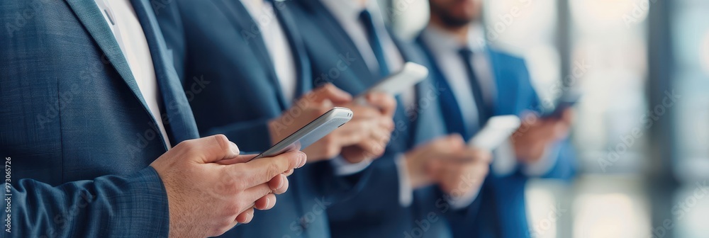 A group of business professionals in formal suits using smartphones, focusing on communication, networking, and business coordination in a corporate setting. A group of business professionals in formal suits using smartphones, focusing on communication, networking, and business coordination in a corporate setting.