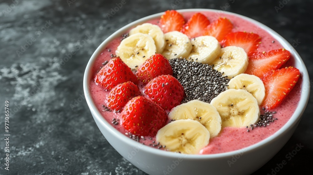A vibrant fruit smoothie bowl topped with sliced bananas, strawberries, and chia seeds. A vibrant fruit smoothie bowl topped with sliced bananas, strawberries, and chia seeds.