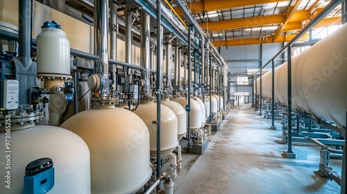Water tanks and reverse osmosis equipment in a desalination plant