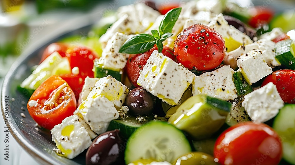 A vibrant Greek salad with feta cheese, olives, cucumber, and cherry tomatoes, drizzled with olive oil. A vibrant Greek salad with feta cheese, olives, cucumber, and cherry tomatoes, drizzled with olive oil.