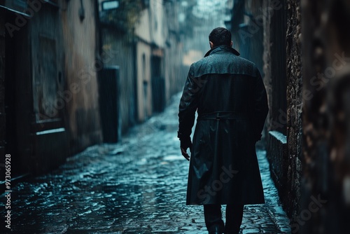 A man in a trench coat walking down a narrow alleyway in the rain, with wet cobblestone streets and dark buildings surrounding him.